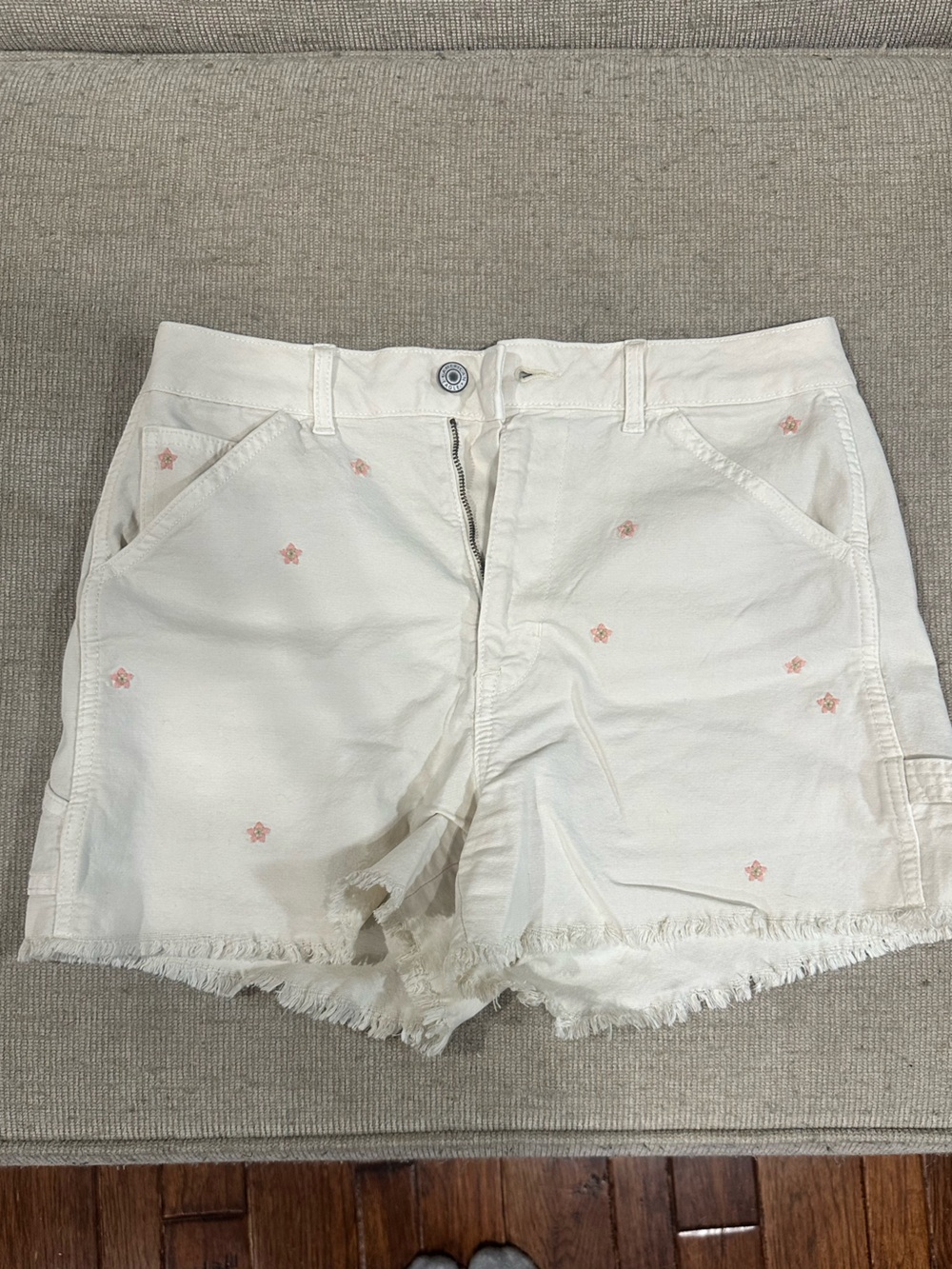 American Eagle Outfitters Cream Denim Shorts with Pink Floral Embroidery size 6